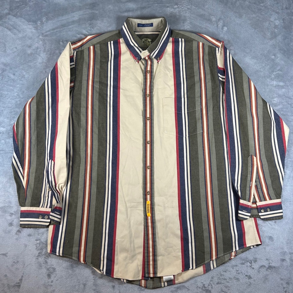 BD Baggies Mens XL Long Sleeve Striped Button Down Shirt Cotton Olive Navy Red